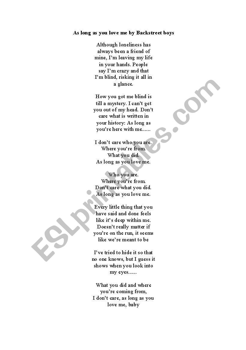 Song Activity As Long As You Love Me Backstreet Boys Esl Worksheet By Herminia