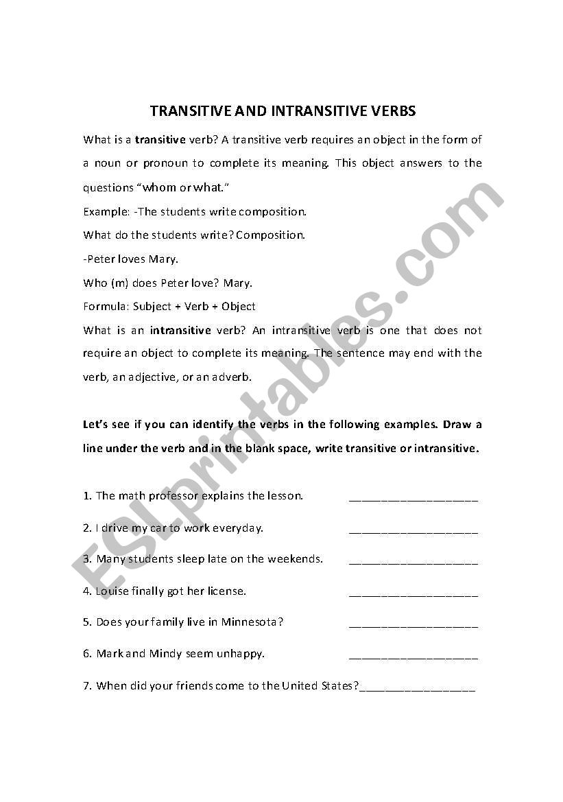 Tansitive And Intransitive Verbs 8th Grade Worksheet