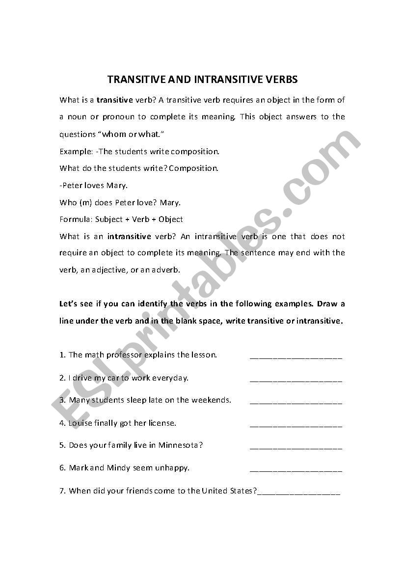 tansitive intransitive verbs worksheet