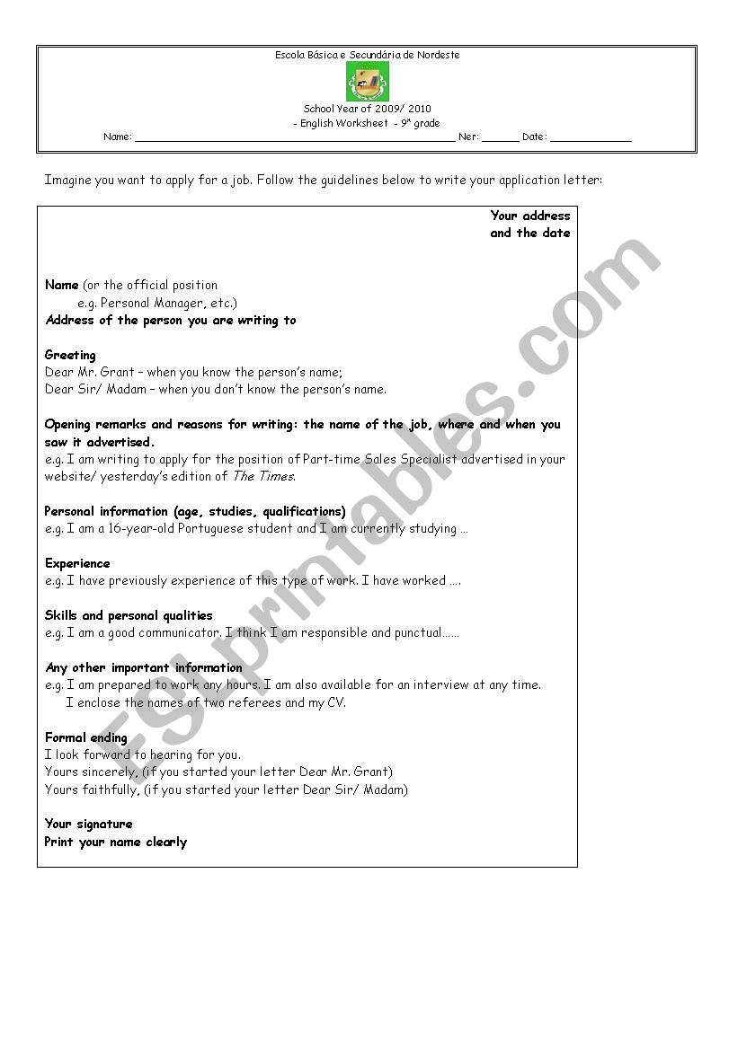 Application Letter worksheet