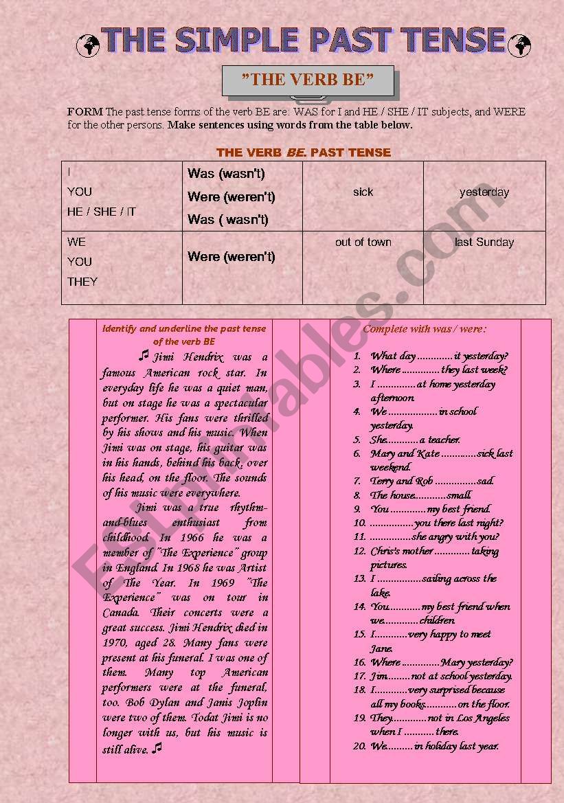 the simple past tense of BE worksheet