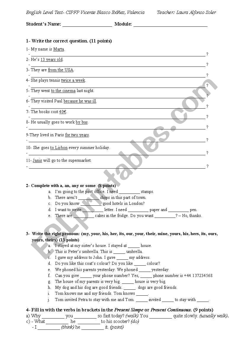 Test to Check Level worksheet