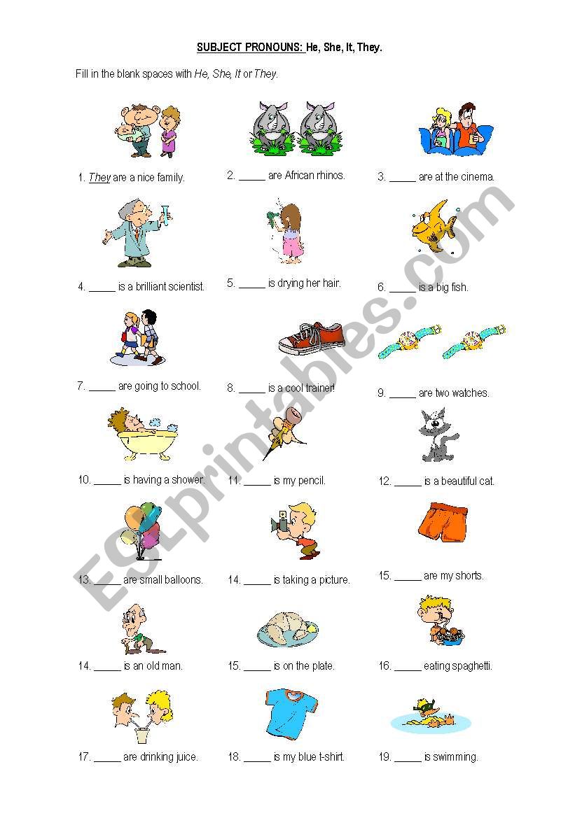Subject Pronouns He She It They ESL Worksheet By Talilo