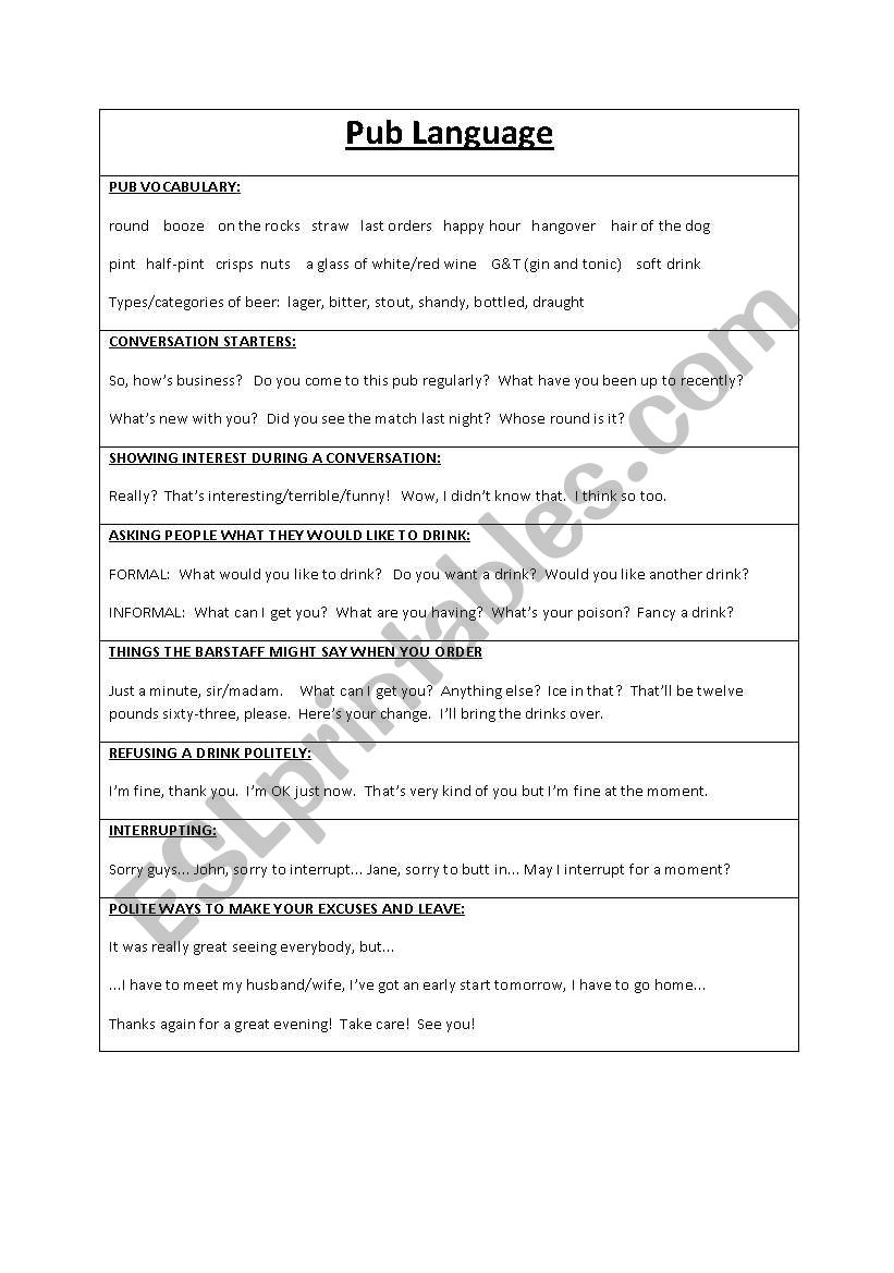 Pub Language worksheet