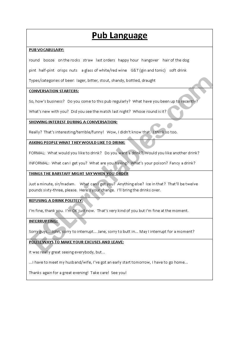 Pub Language worksheet