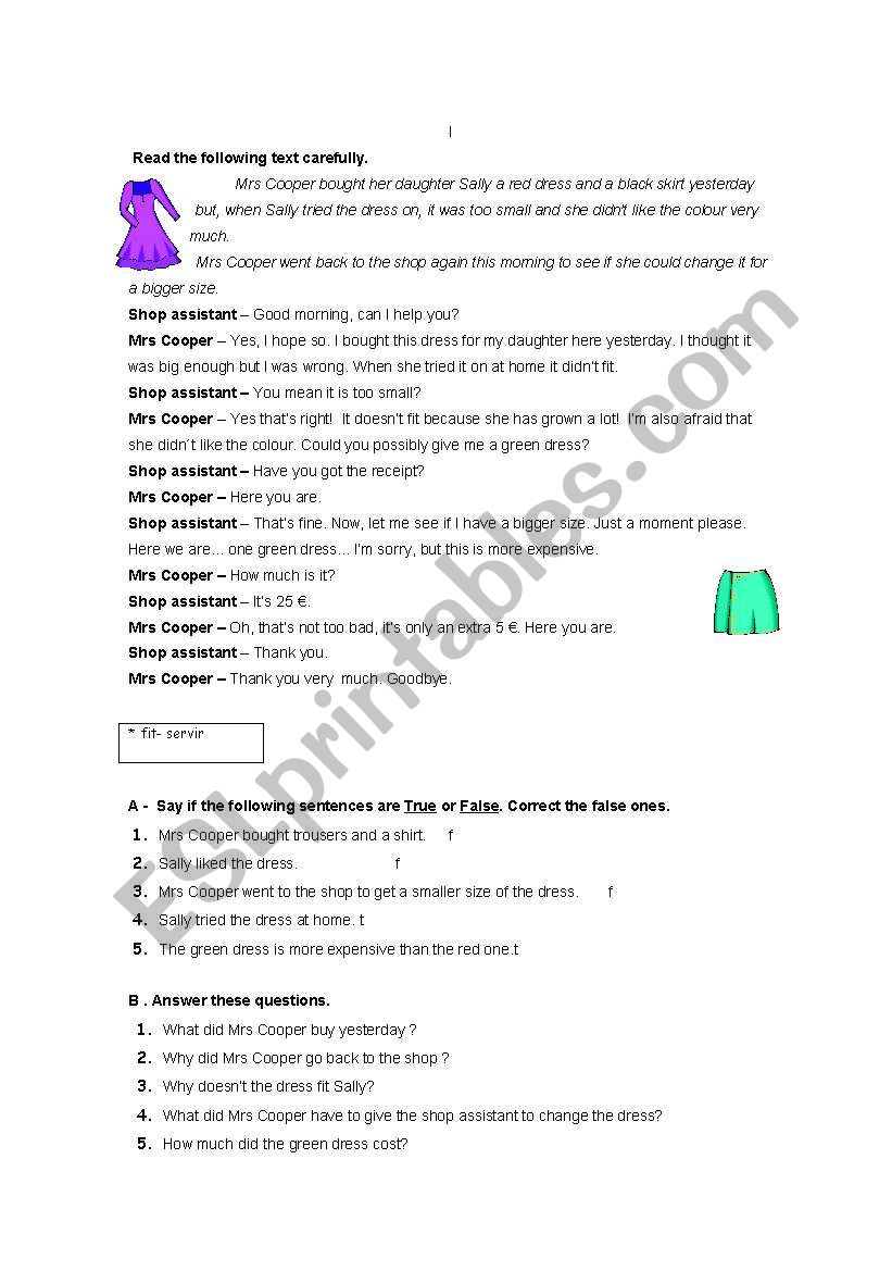 shopping worksheet