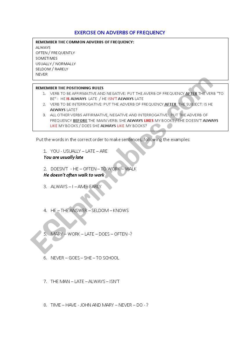 ADVERBS OF FREQUENCY - BASIC POSITIONING RULES AND EXERCISES