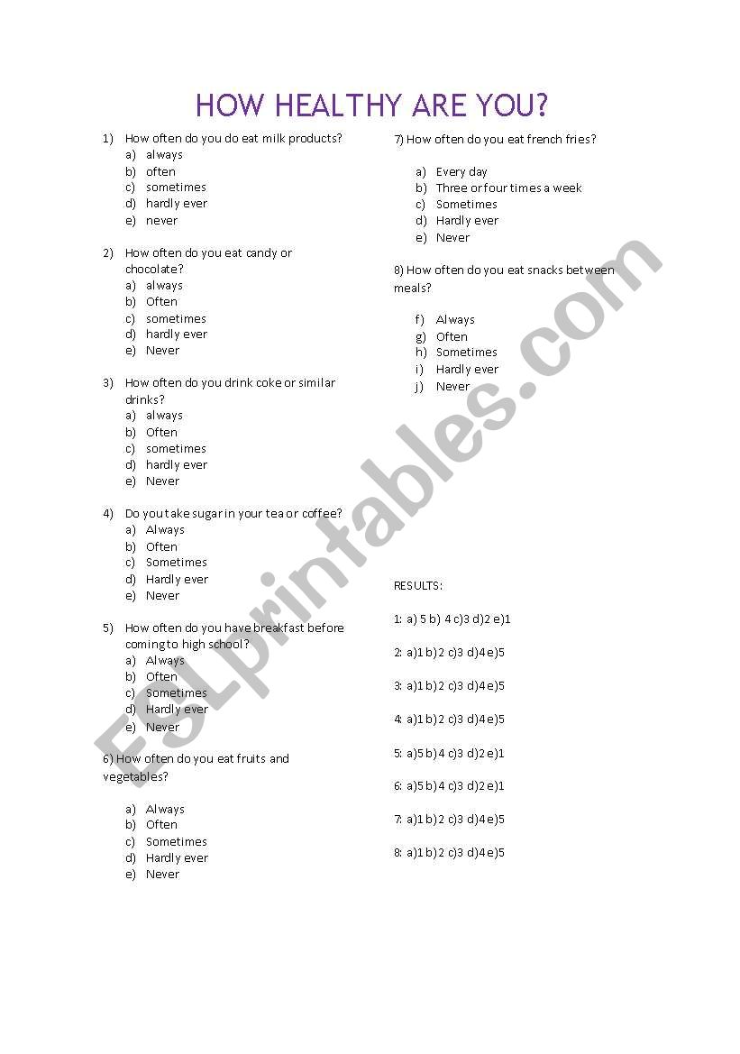 How healthy are you? worksheet