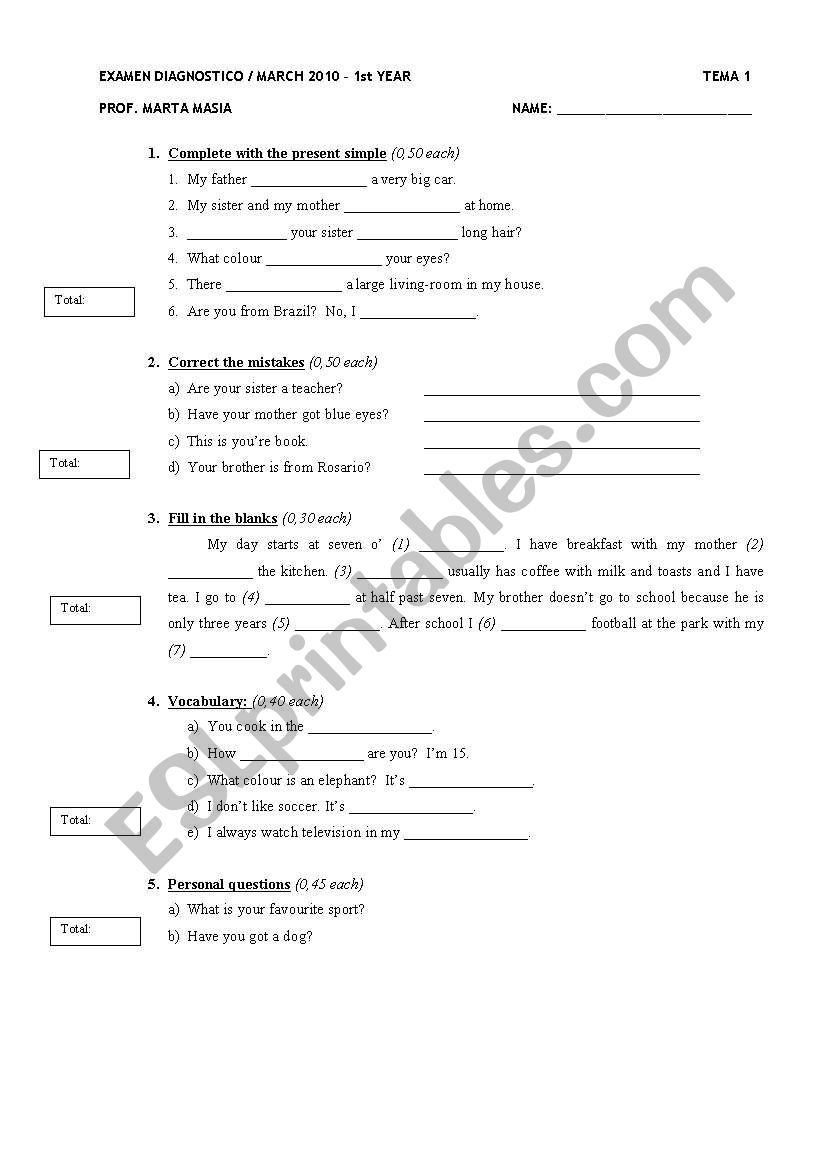Diagnostic Test for beginners worksheet