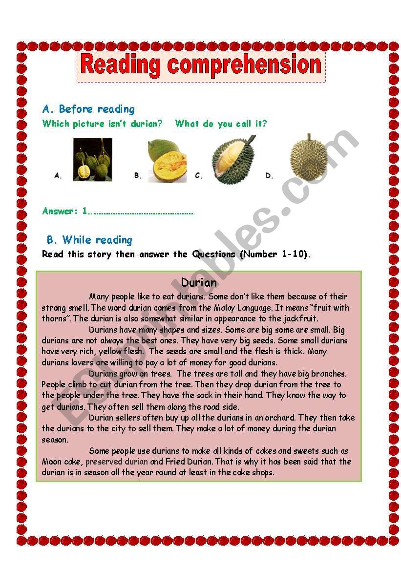 Reading comprehension- fruit worksheet