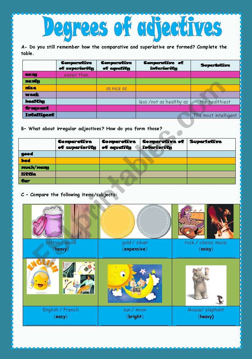 Degrees of adjectives worksheet