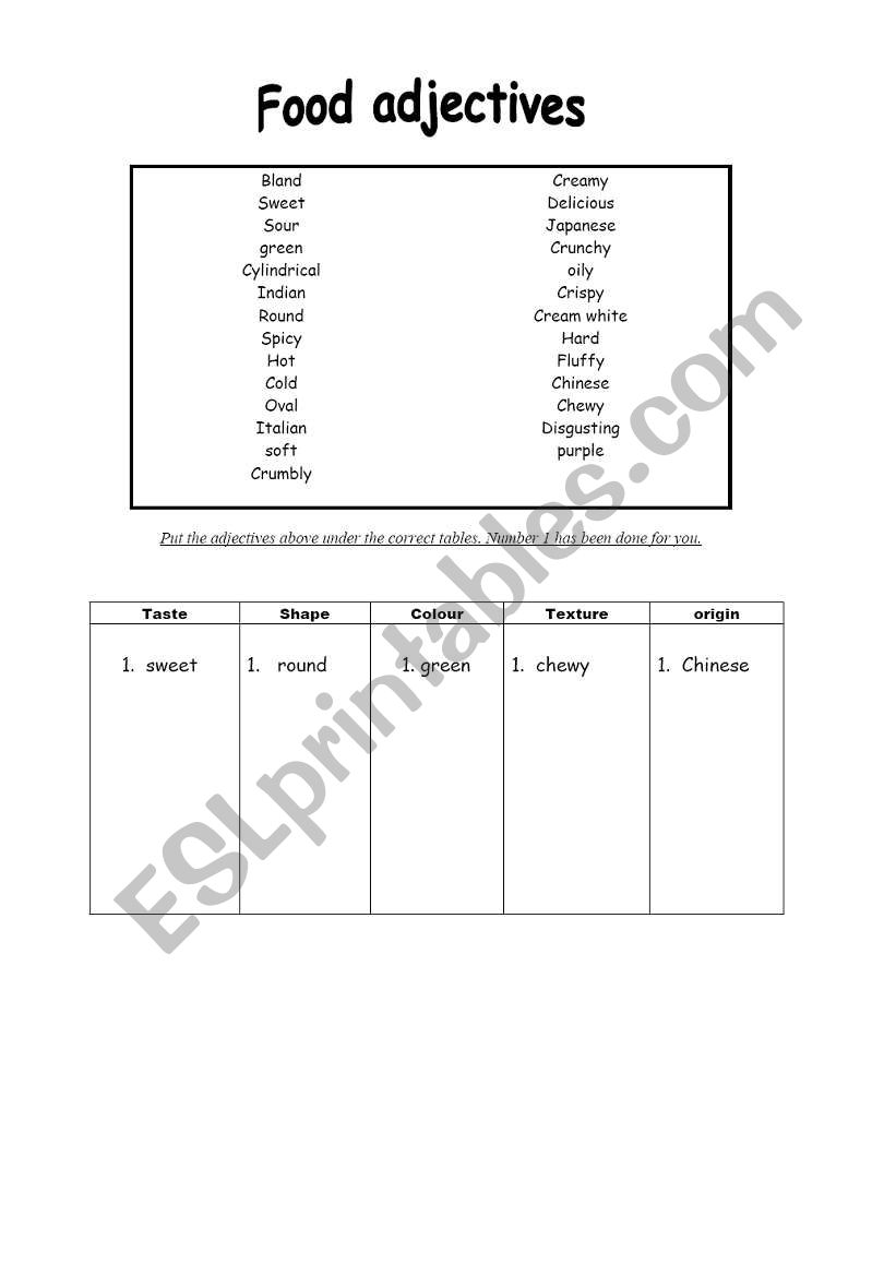 Food Adjectives worksheet