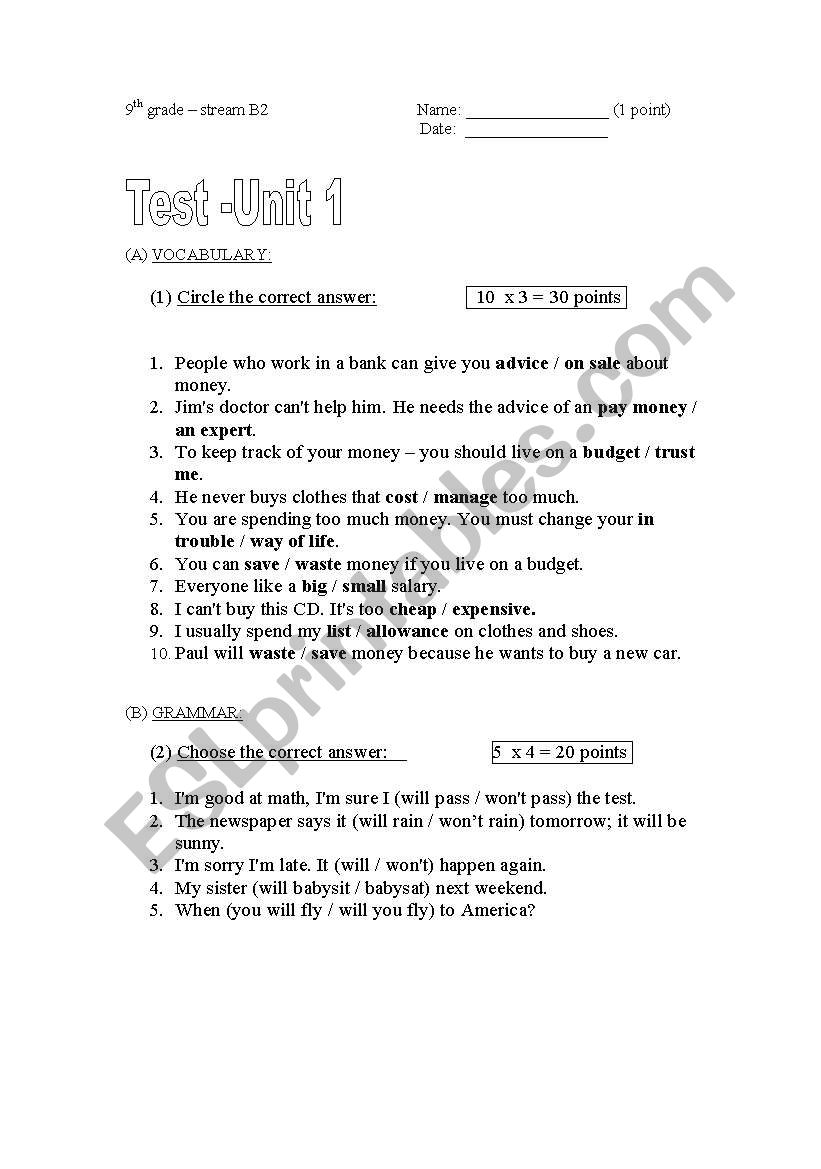test -on a unit about money worksheet