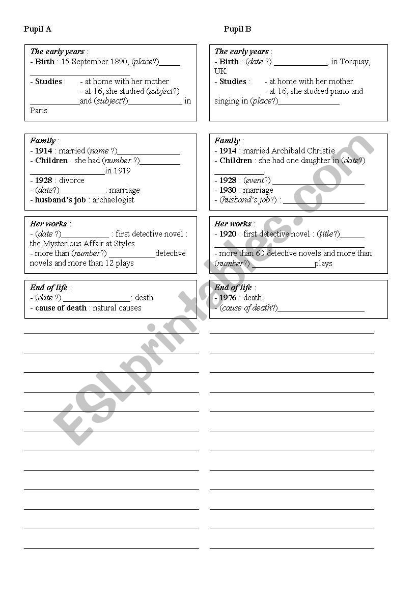 Agatha Christies biography worksheet