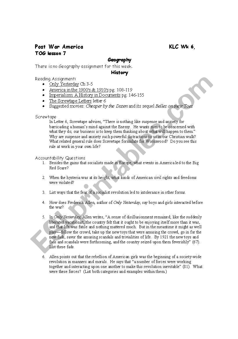 America and the Great War worksheet