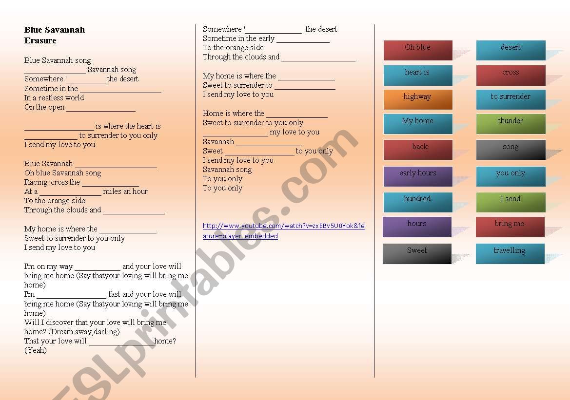 SONG: ERASURE - Blue Savannah worksheet