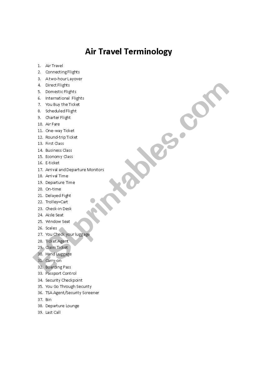 Air Travel Terminology worksheet