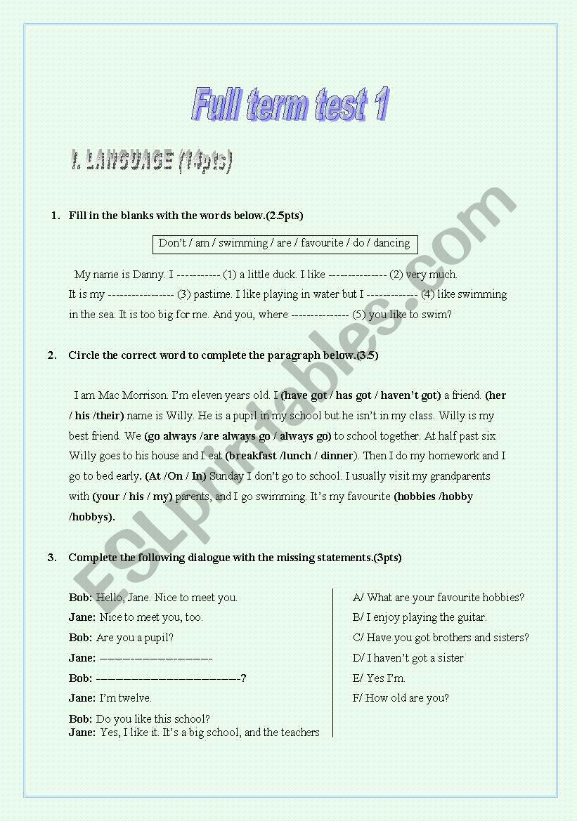 Full Term Test 1/ 7th form worksheet