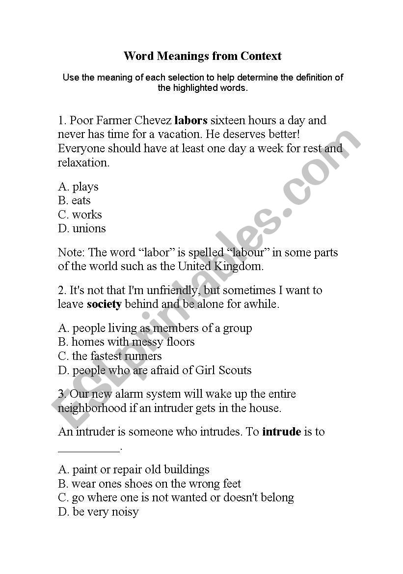Word Meanings from Context   worksheet