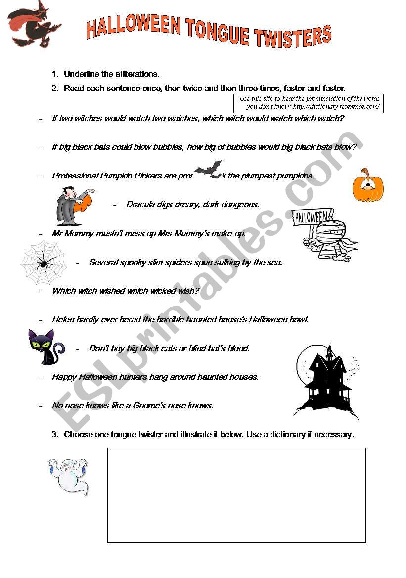 Halloween tongue twisters worksheet