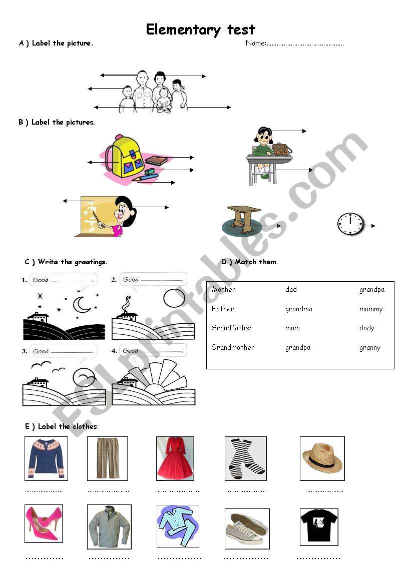 Elementary Revision test worksheet