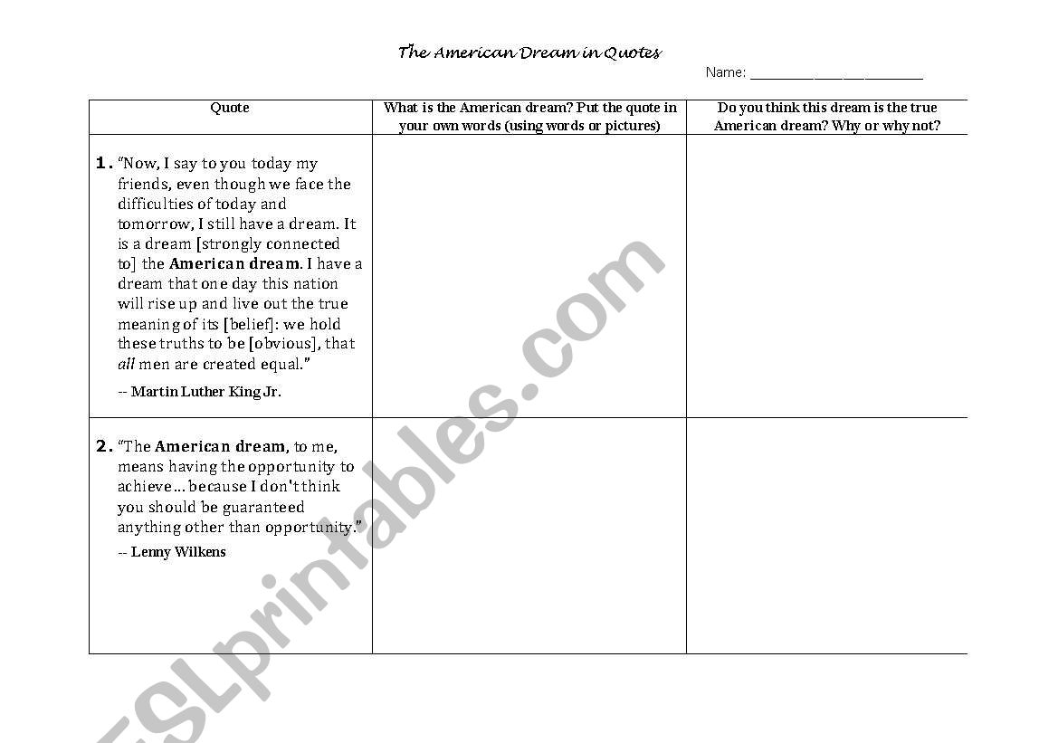 American Dream in Quotes worksheet