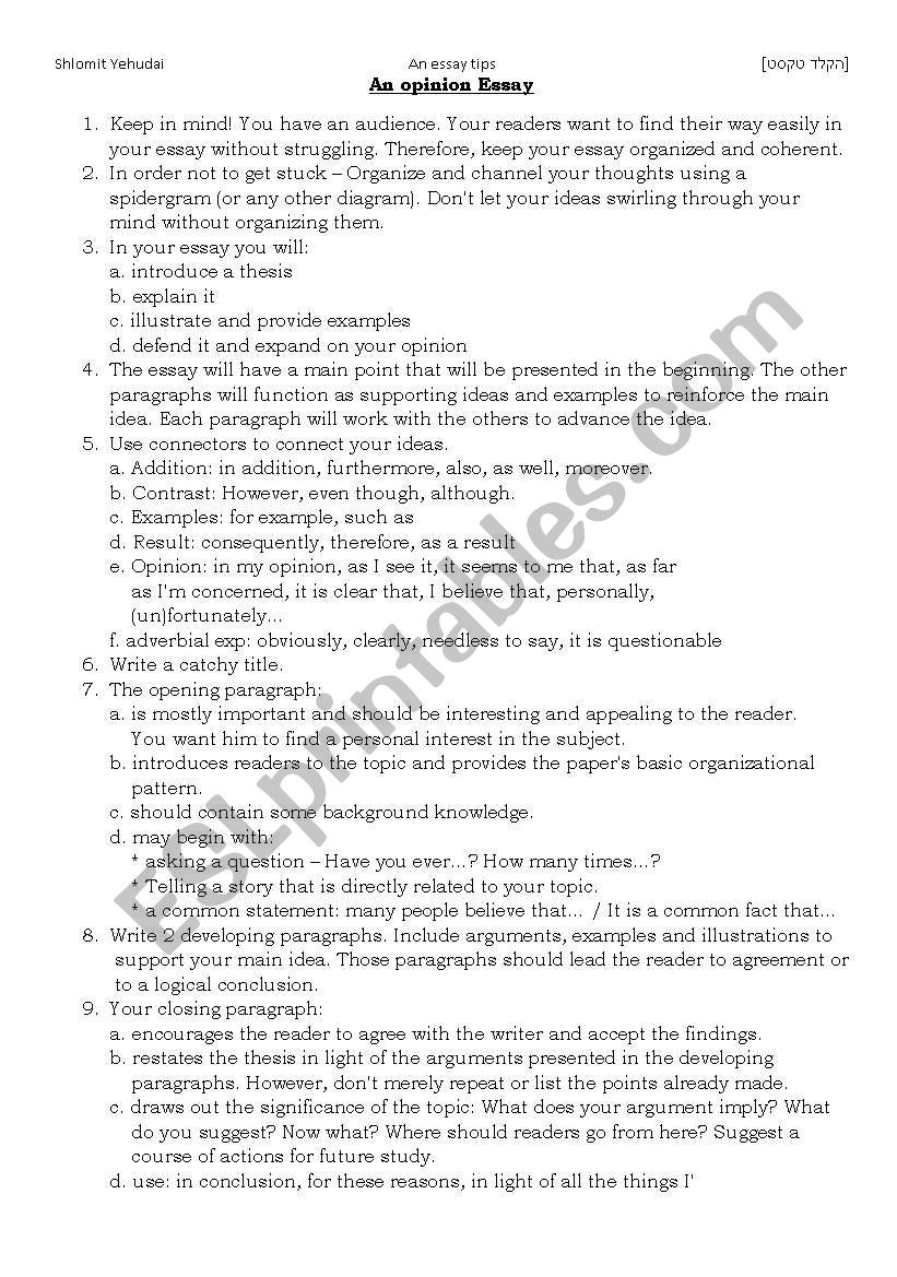 How to write an opinion essay worksheet