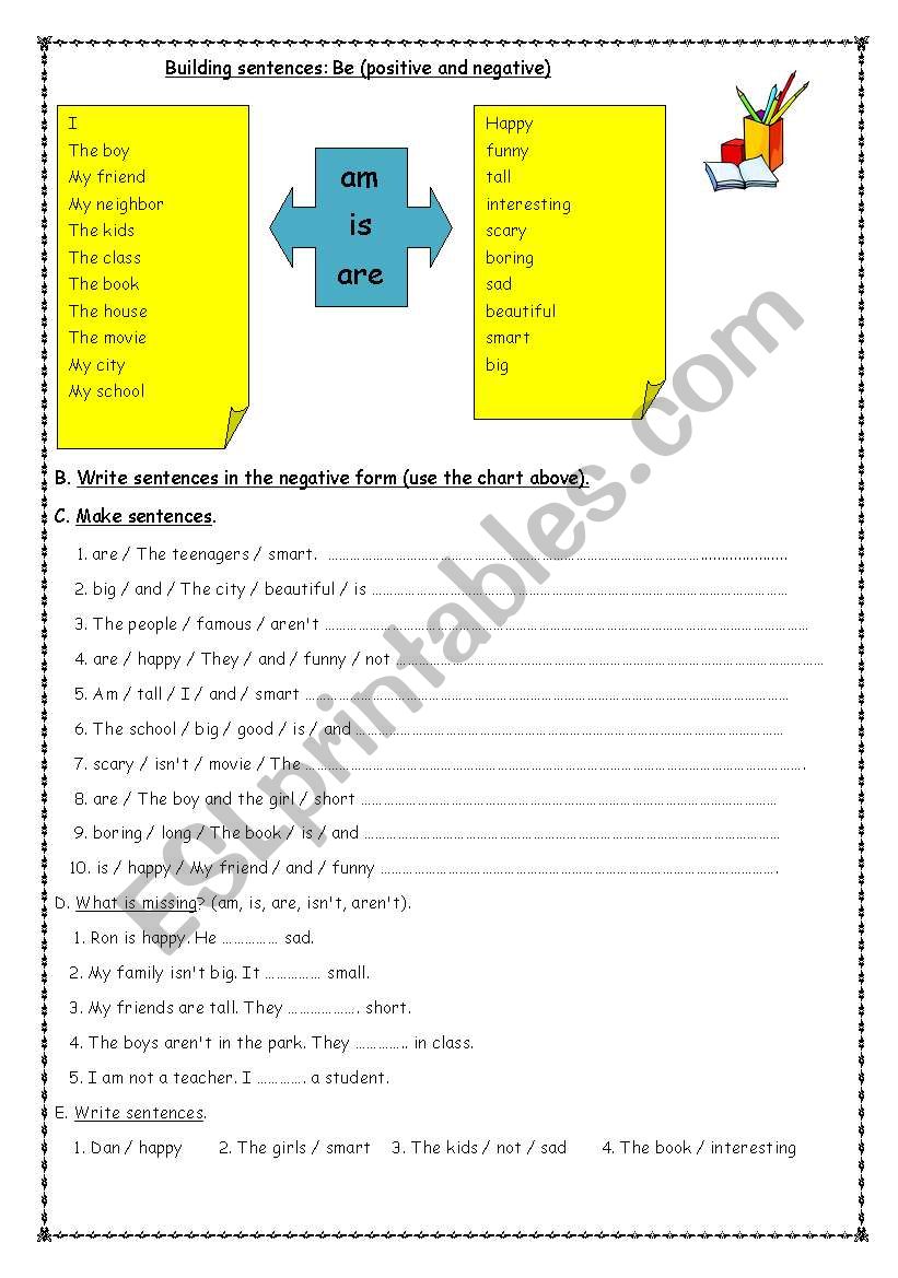 building sentences with be worksheet