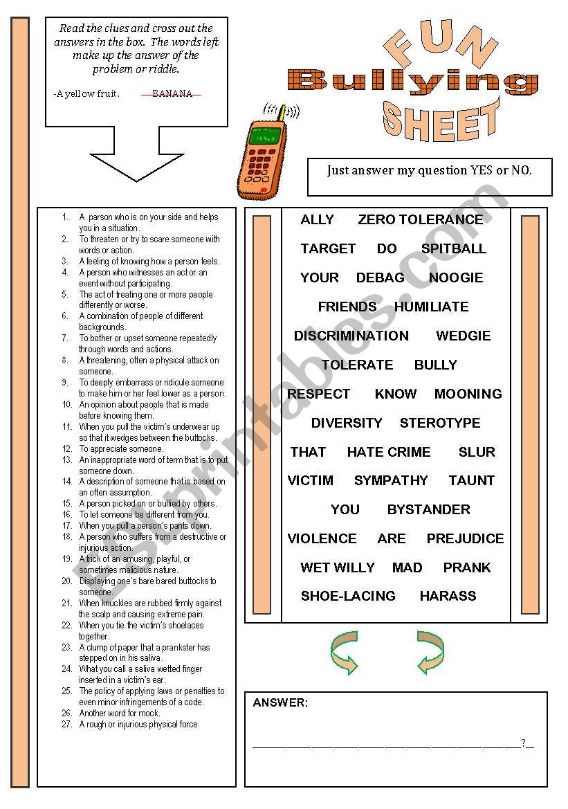 Fun Sheet Theme: Bullying worksheet