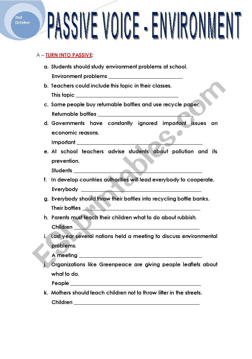 PASSIVE VOICE - ENVIRONMENT worksheet