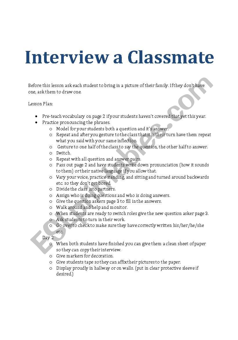 Interview a classmate. Grammar: he/she his/her