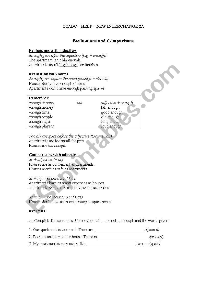Evaluations and Comparisons worksheet