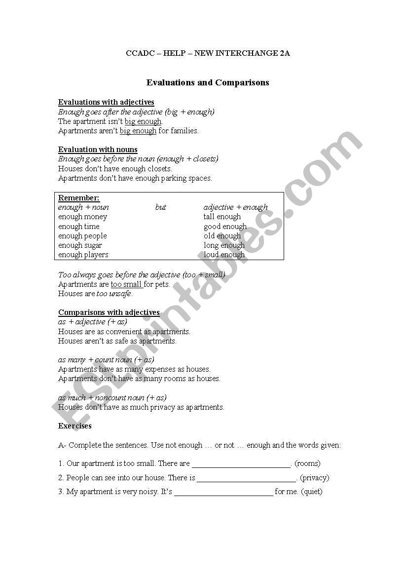 Evaluations and Comparisons worksheet