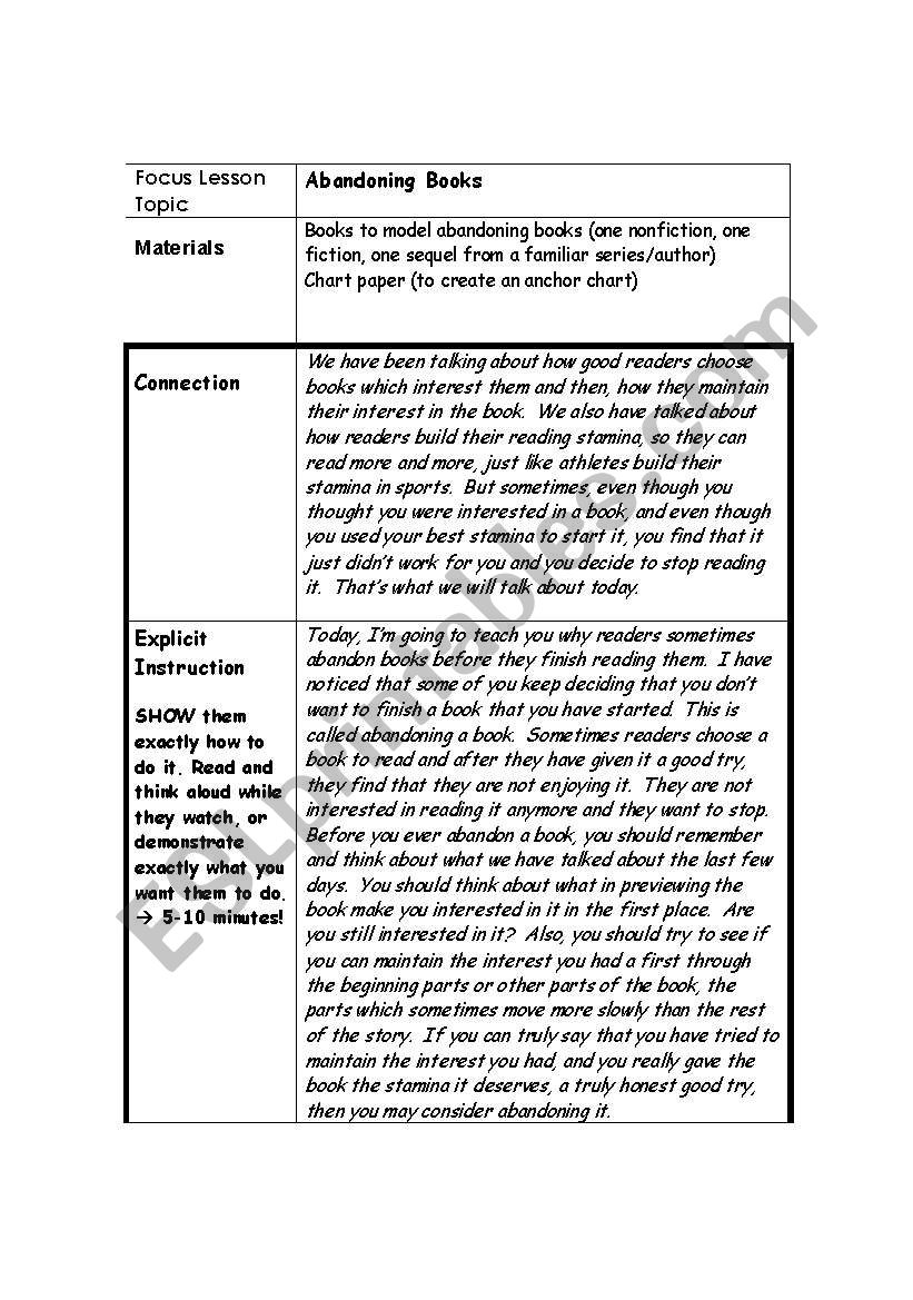 readers workshop worksheet