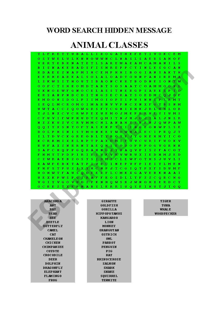 WORD SEARCH HIDDEN MESSAGE ANIMALS