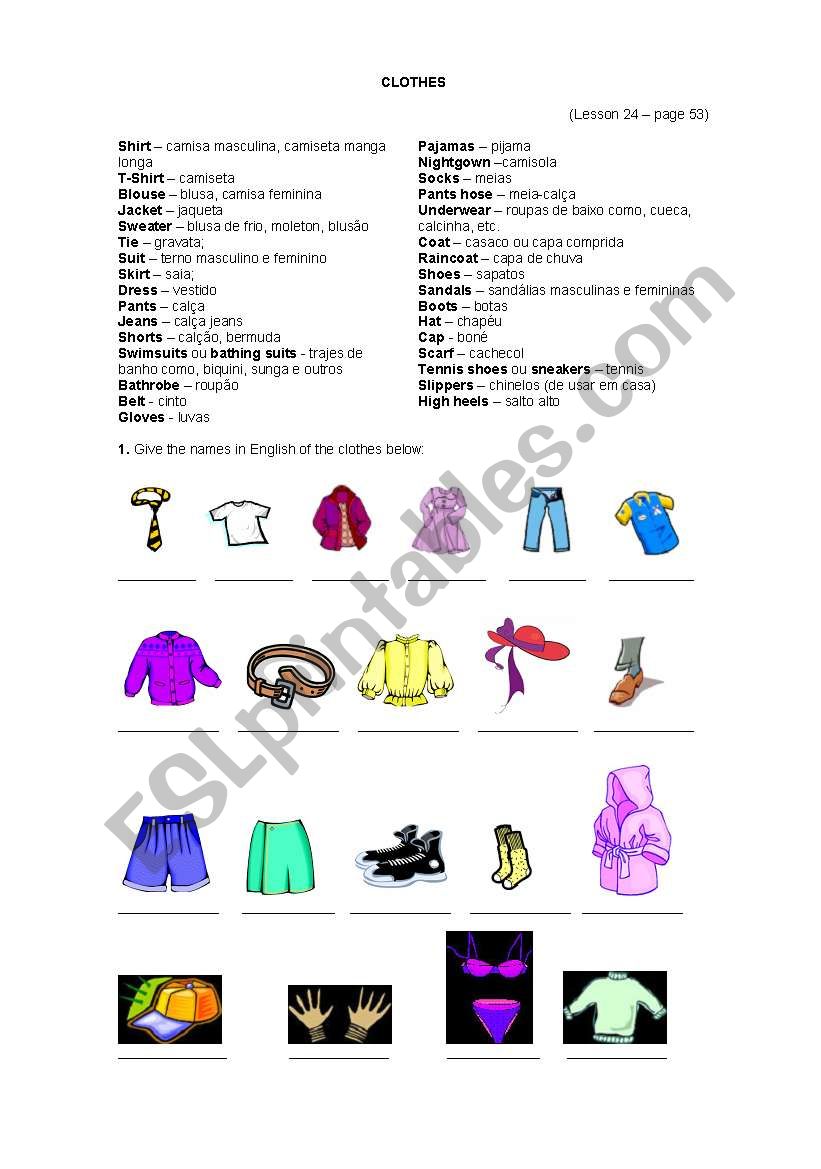 Clothes exercise worksheet