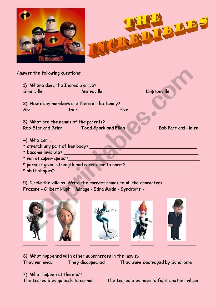 THE INCREDIBLES worksheet