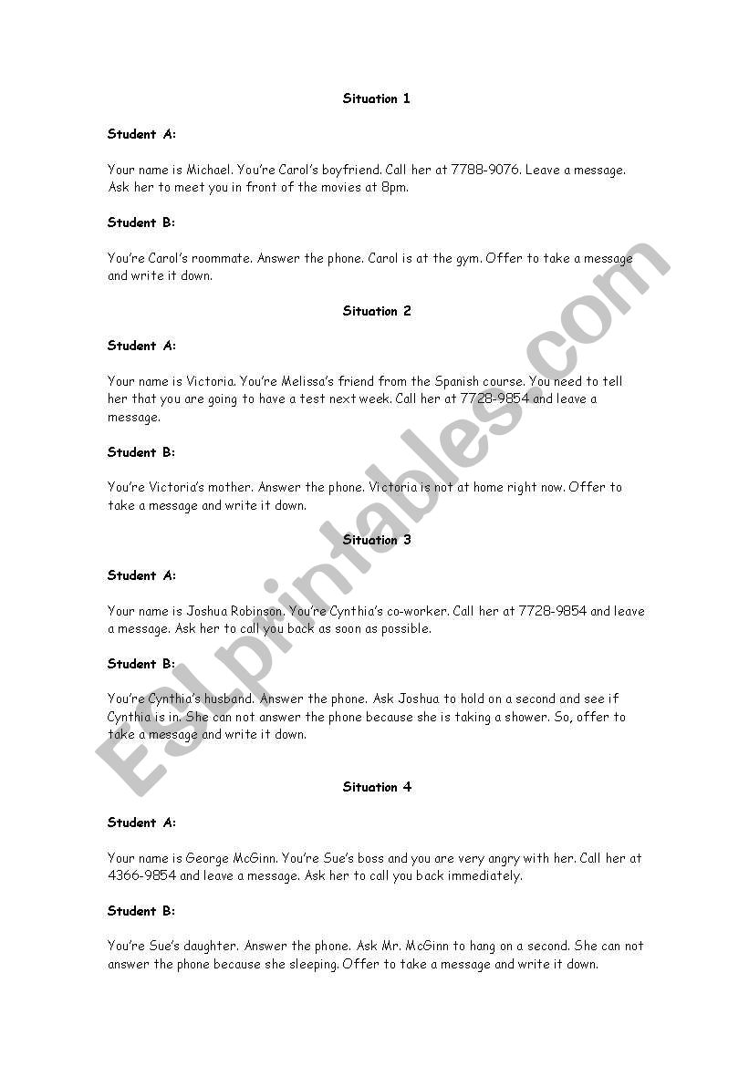 Telephone conversation worksheet