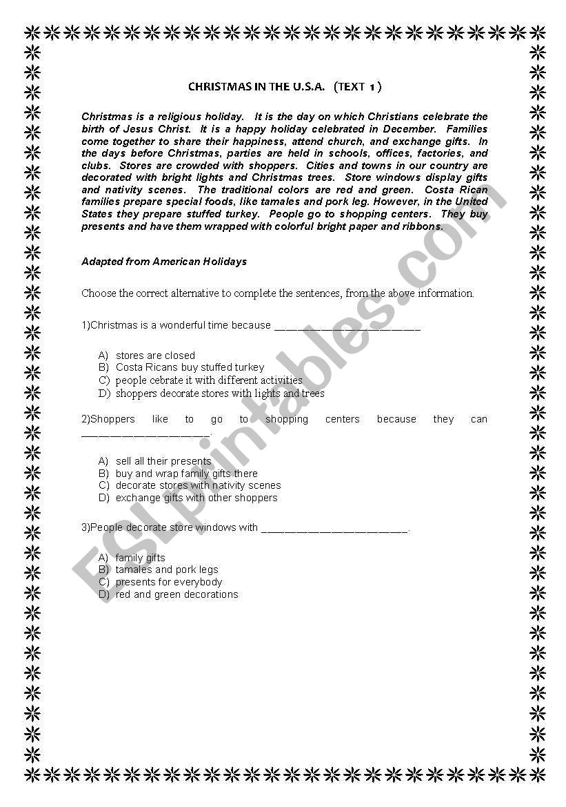 Cristmas in USA worksheet