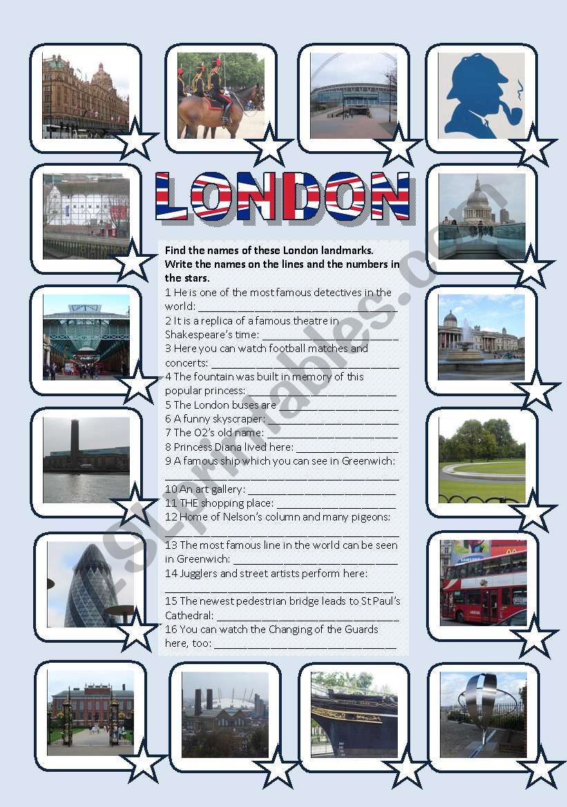 London sights 2 - Pictionary, matching, fill-in exercise (editable, with key)