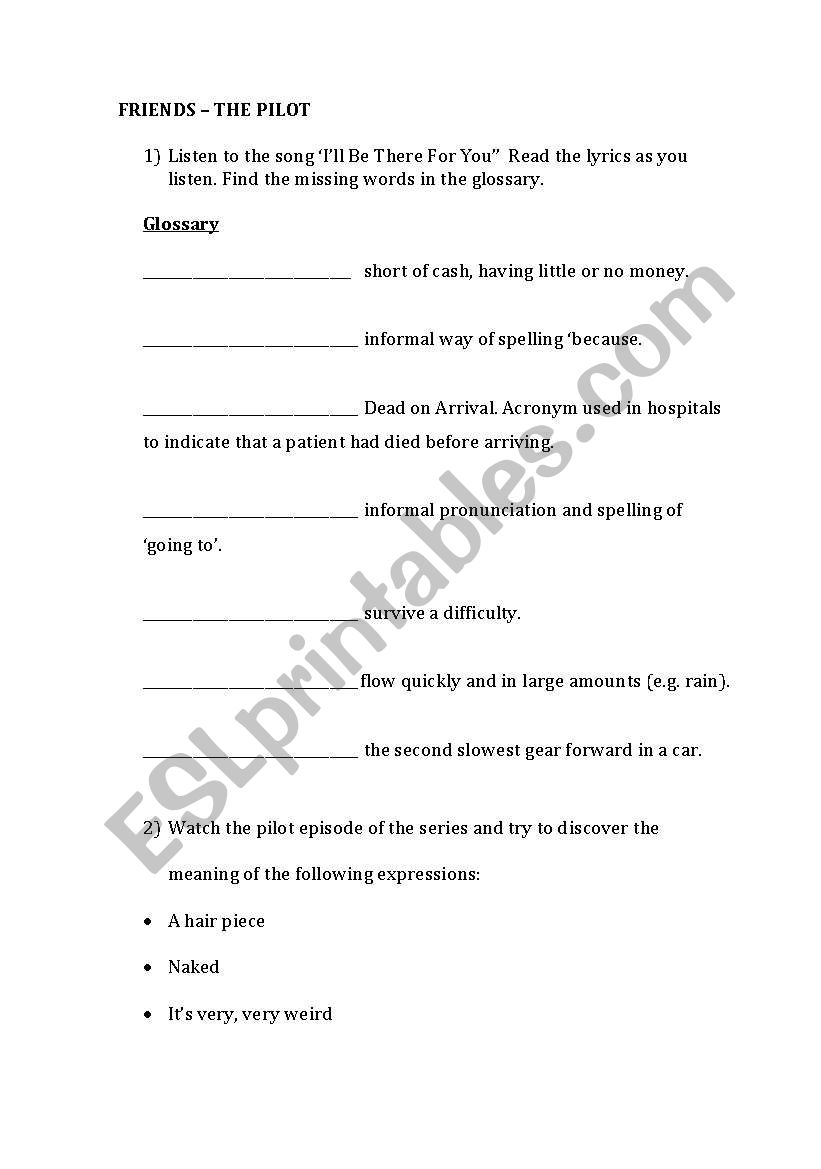 FRIENDS, THE PILOT worksheet