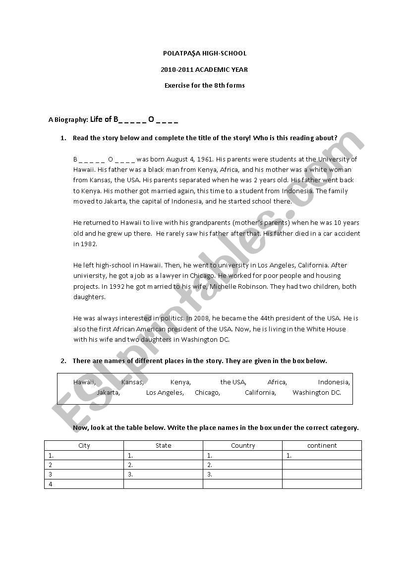 A biography of Barack Obama worksheet