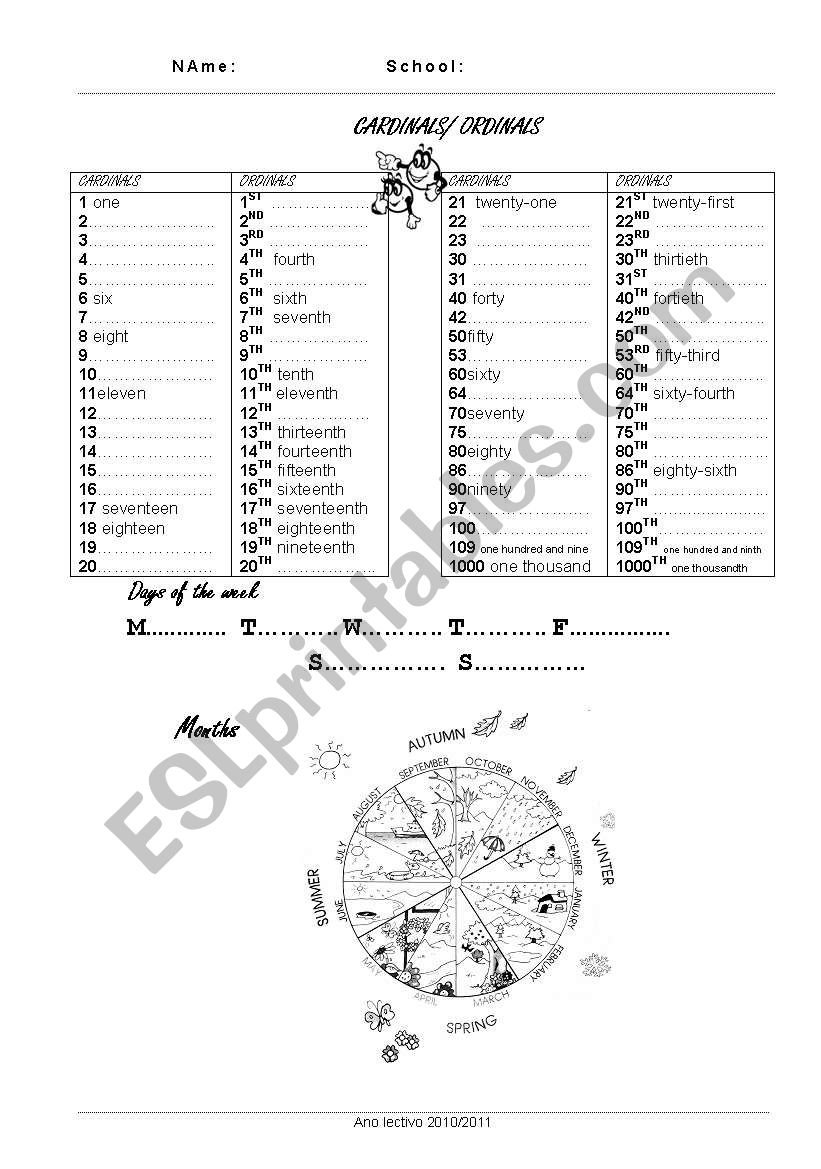 numbers,days of the week worksheet