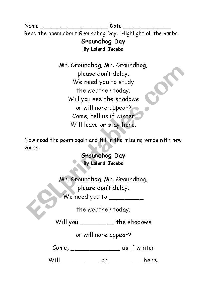 Groundhog dayt poem worksheet