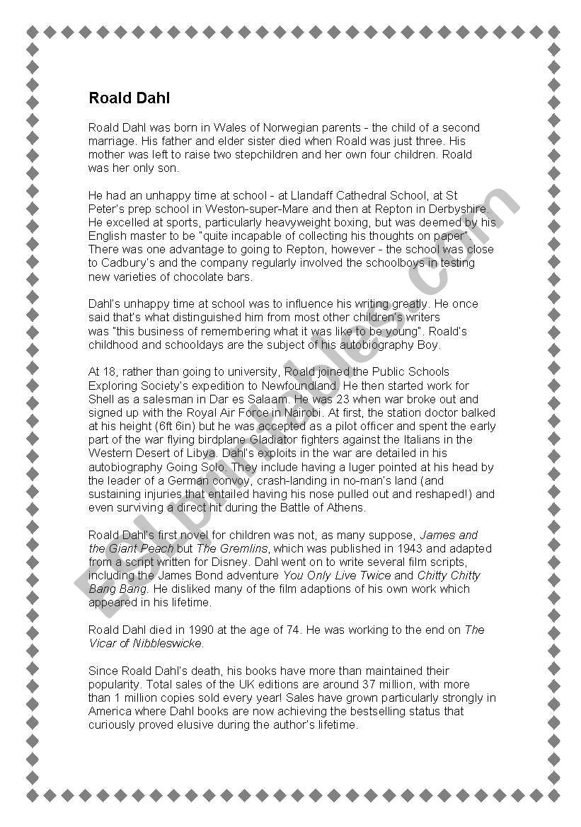 Biography of Roald Dahl worksheet