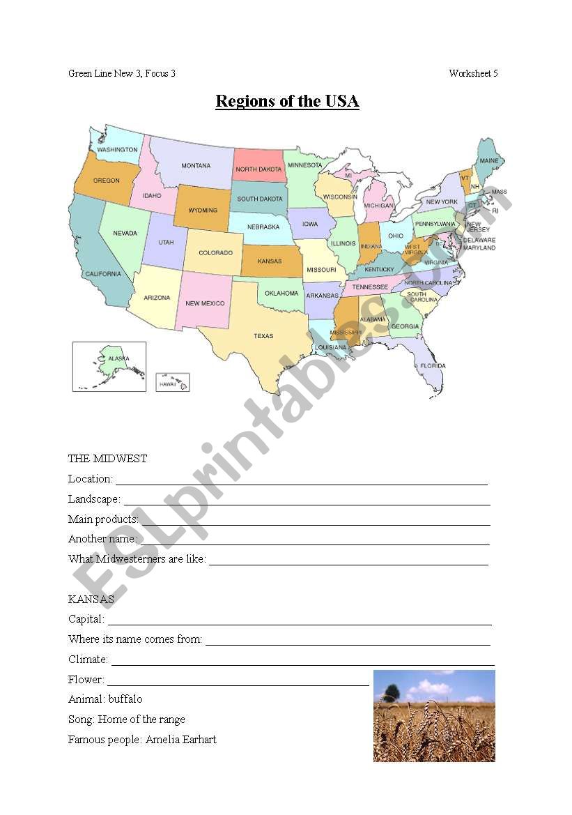 Regions of the USA worksheet