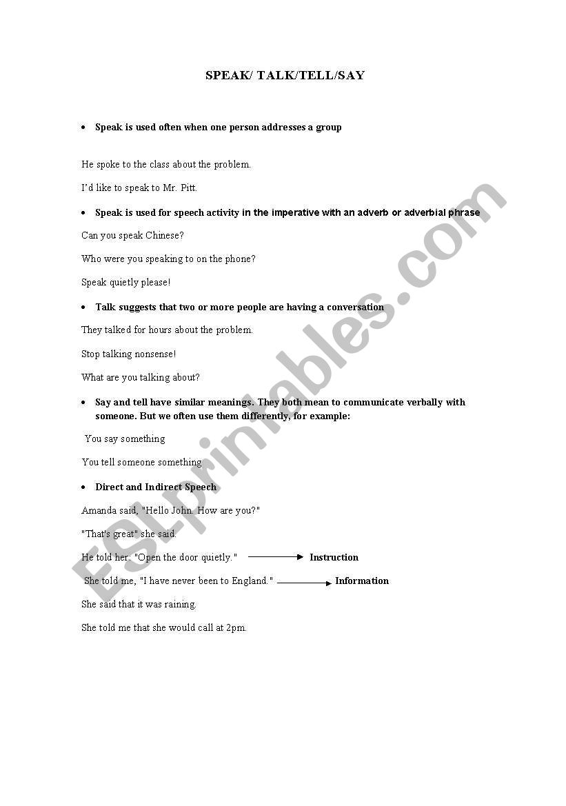 Speak/TEll/Say/Talk worksheet