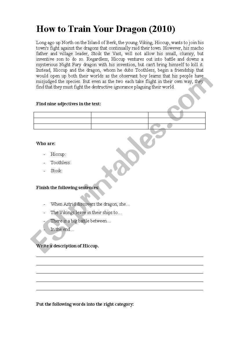 How to Train Your Dragon - worksheet to accompany video trailer