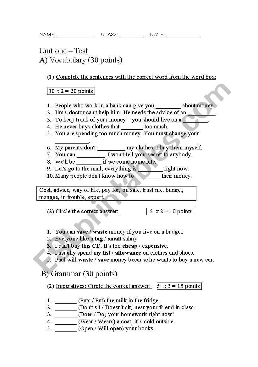 a test on the subject of Money+future simple+text and questions