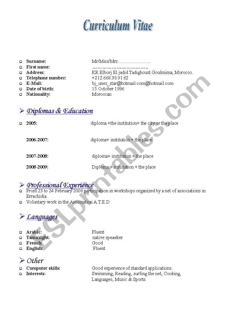 an axample of CV worksheet